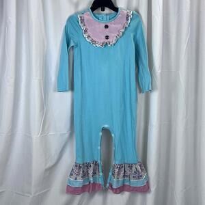 Ricrac & Ruffles Toddler Long Sleeve Rompers - 3T Aqua/Pink EUC